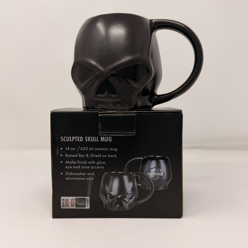 Harley-Davidson Matte Black Sculpted Skull Mug 14oz NIB Raised Bar & Shield - Picture 6 of 11